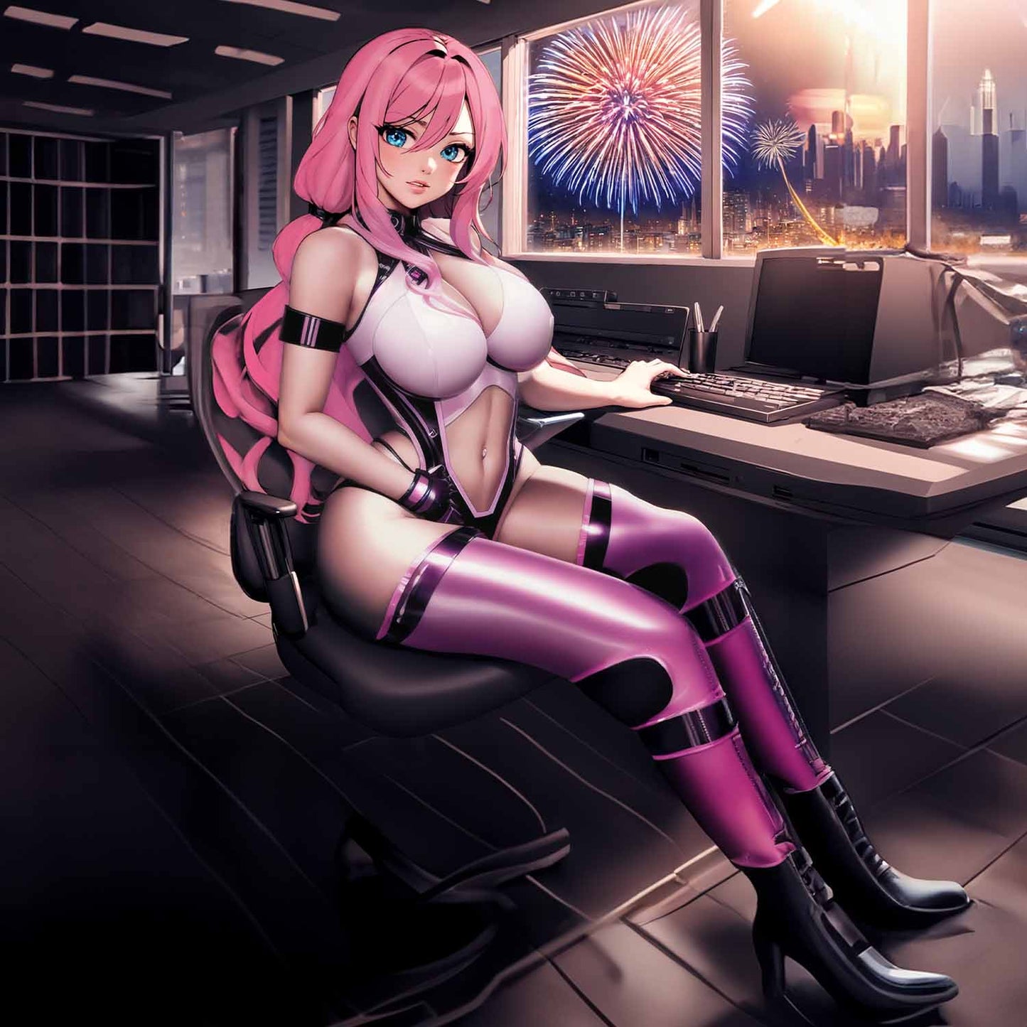 Sasha Nakamoto sentada en el escritorio top blanco