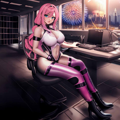 Sasha Nakamoto sentada en el escritorio top blanco
